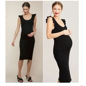 Hatch Maternity Sz 1 /6 Chloe Ribbed Midi Dress Ruffle Sleeves Black